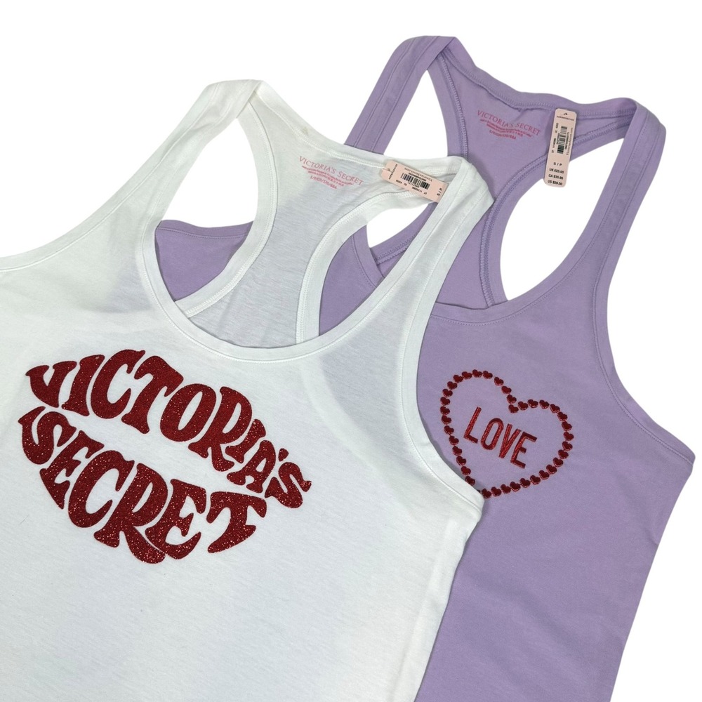 Victorias Secret‎ Womens Set of 2 Racerback Tank Tops White Lavender Size Small
